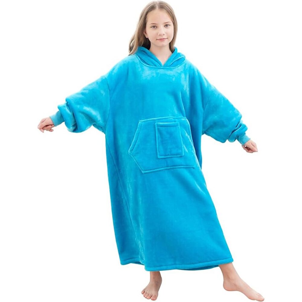 Blue Cozy Long Plush Hooded Lounge Sleepwear for Kids